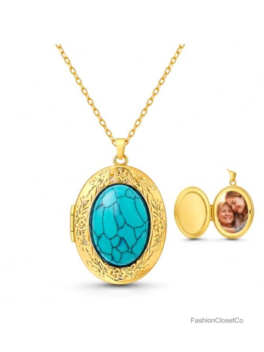 Vintage Turquoise Photo Locket Necklace for Mom - 14K Gold Plated Keepsake